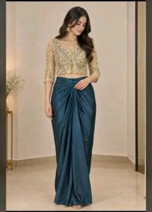 Designer Gold Lace Blouse with Teal Skirt