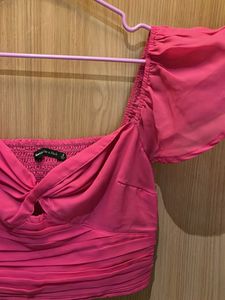 Pink Ruched Twist-Front Crop Top