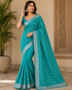Stunning Teal Sequined Saree with Blouse