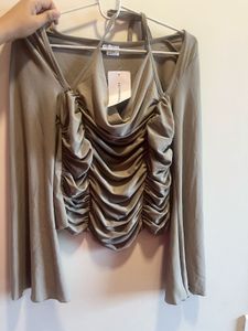 Grey Ruched Bell Sleeve Crop Top
