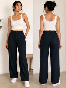 High Waisted Wide Leg Navy Trousers