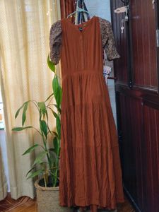 Rust Ajrakh Puff Sleeve Gown