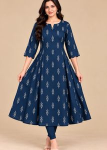 Stylish Navy Kurta Set with Leaf Print