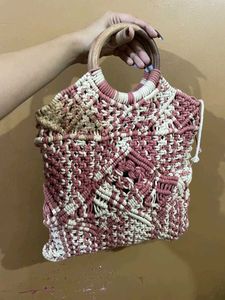 Boho Macrame Tote Bag with Wooden Handles