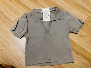 Grey Ribbed Collared Crop Top