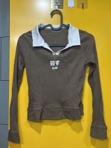 Brown Ribbed Crop Top with Collar