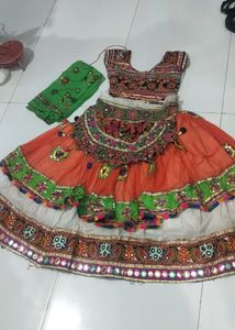 garba dress orange white Vibrant Embroidered Lehen