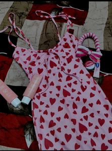 Pink Heart Print Slip Dress