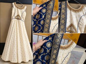 Women’s Cream Anarkali Gown with Navy Blue &amp; Golde