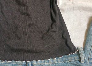 Black Ribbed Lettuce Hem Mock Neck Fitted Crop Top
