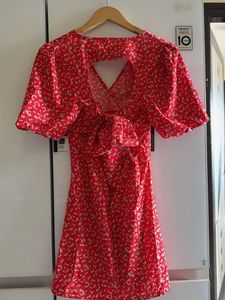 Red Floral Mini Dress with V-Neck