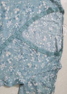 Powder Blue Floral Print V-Neck Top Tunic