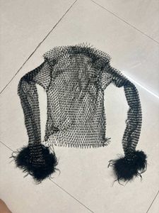 Black Feather Embellished Mesh Top