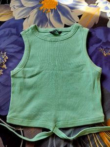 Mint Green Ribbed Tie-Front Crop Top