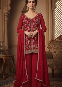 Exquisite Red Georgette 3-Piece Ethnic Set