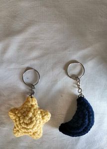 Crocheted Moon &amp; Star Keychain