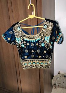 Embellished Navy Blue Velvet Blouse