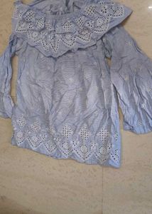 Blue Striped Off-Shoulder Eyelet Top
