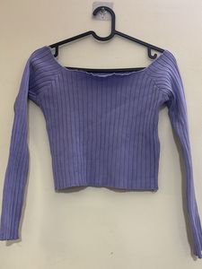 Purple Off-Shoulder Ribbed Sweater