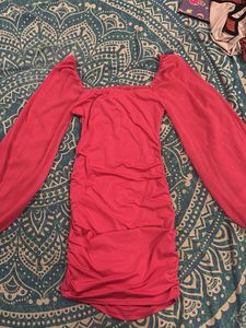 Hot Pink Ruched Square Neck Dress
