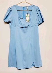 Chic Light Blue Puff Sleeve Cutout Dress