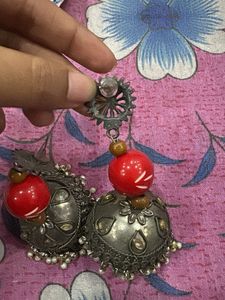 Boho Red Jhumka Earrings