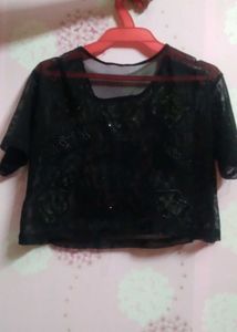Black Sequin Perfume Bottle Mesh Top