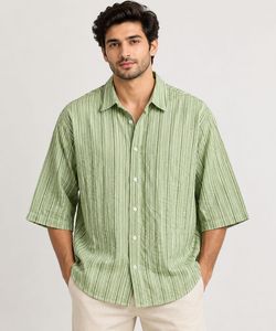Green Striped Button-Up Shirt
