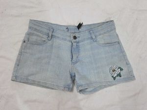 Light Wash Denim Shorts with Floral Embroidery