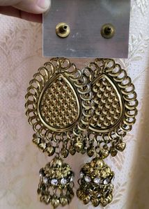 Stunning Golden Jhumka Earrings with White Stone