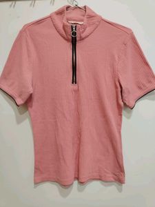 Pink Zip Neck Ribbed Top