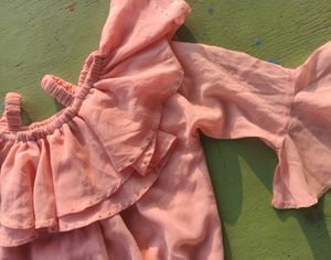 Kids Peach Off-Shoulder Dress with Bell Sleeves