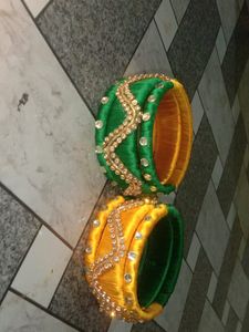 Beautiful  Green And Yellow Thread Bangles Combo