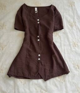 Brown Button-Up Short Sleeve Top