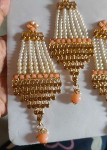 Elegant Pearl &amp; Peach Kundan Jewellery Set