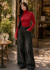 Korean Red Turtle Neck Long Sleeve Top