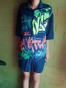 Vintage Graffiti Denim Shirt Dress