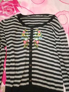 Striped Cardigan with Floral Embroidery