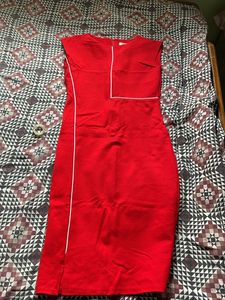 Elegant Red Sheath Dress with White Piping