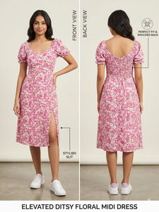 Pink Ditsy Floral Midi Dress
