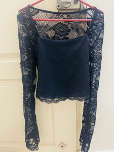 Black Lace Trimmed Long Sleeve Top
