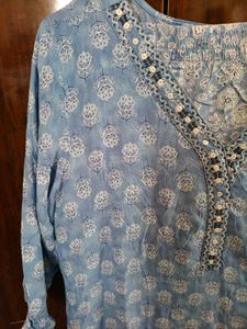 Blue Printed Kurta with Embellished Neckline