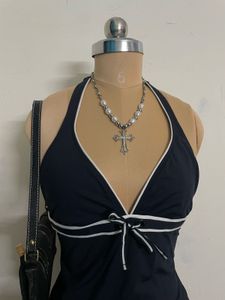 Black Halter Top with White Trim