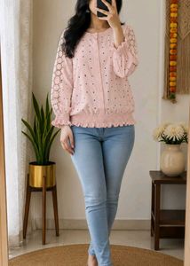 Chic Pink Eyelet Button-Up Top