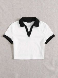 ZARA Women's White Contrast Collar Cropped Polo T-