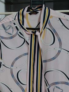 Pink Chain Print Blouse with Tie Neck