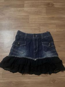 Denim Mini Skirt with Lace Trim