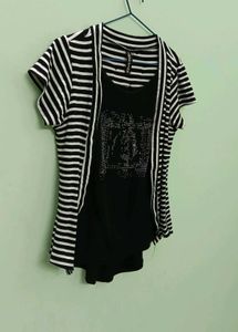Chic Striped Cardigan Over Embellished Top