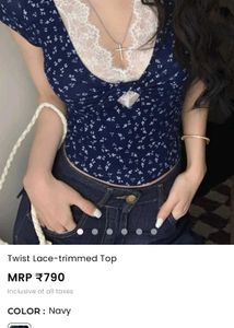 Navy Floral Lace Trim Crop Top