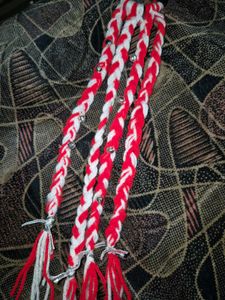 Red & White Braided Hair Accessory with Bells